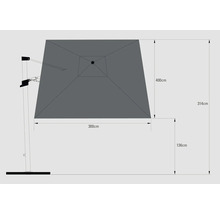 Mått på ett parasoll: 400 cm x 300 cm skärmyta, 314 cm höjd, 136 cm höjd på foten.