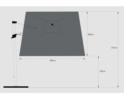 Mått på ett parasoll: 400 cm x 300 cm skärmyta, 314 cm höjd, 136 cm höjd på foten.