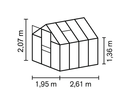 Mått på ett växthus: 2,07 meter högt, 1,95 meter djupt och 2,61 meter brett.