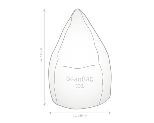 Skiss av en droppformad sittsäck i XXL med måtten cirka 130 centimeter hög och cirka 80 centimeter i diameter