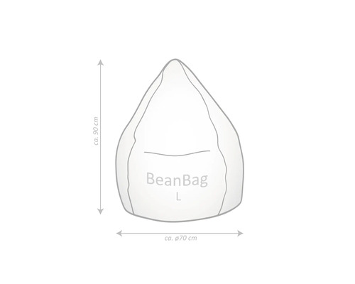 Illustration av en sittsäck med mått: höjd cirka 90 cm, diameter cirka 70 cm.