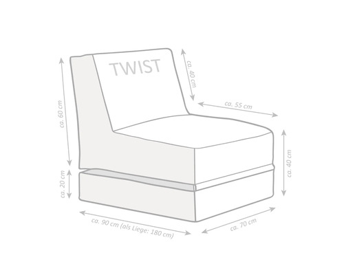 Skiss av fåtöljen Twist med måttangivelser