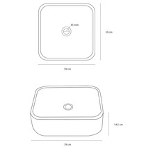 Ritning av en tvättställsskål med måtten 39 gånger 39 centimeter och en höjd på 14,5 centimeter