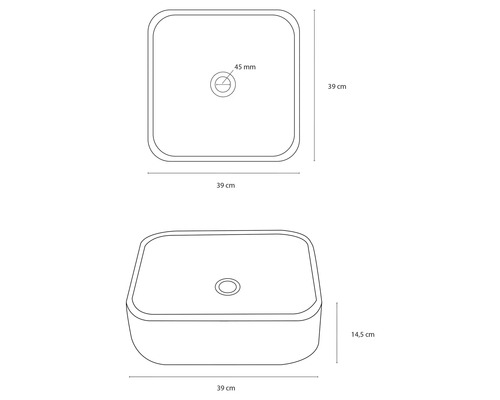 Ritning av en tvättställsskål med måtten 39 gånger 39 centimeter och en höjd på 14,5 centimeter