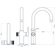 Teknisk ritning av en köksblandare med mått