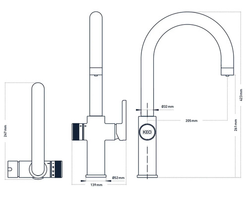 Teknisk ritning av en köksblandare med mått