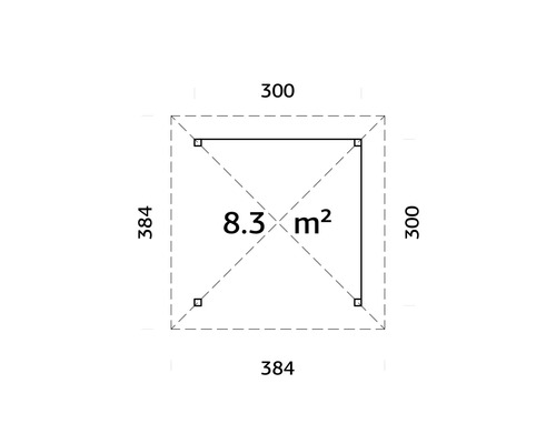 Planritning med mått: 300 x 384 cm, yta 8,3 kvadratmeter