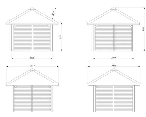 Teknisk ritning av en trädgårdspaviljong med mått.