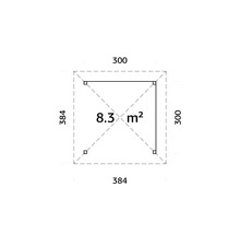 Planritning med sidolängder på 300 och 384 centimeter och en yta på 8,3 kvadratmeter