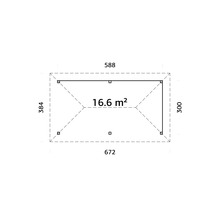 Planritning med mått: 588 x 672 x 300 x 384, area 16.6 m²