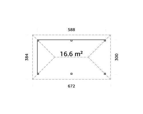 Ritningsskiss med måtten 384 x 588, 300 x 672 och en yta på 16,6 kvadratmeter