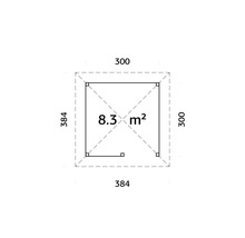 Planritning med mått: 300 x 384 cm, yta 8.3 kvadratmeter