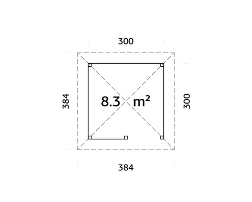 Planritning med mått: 300 x 384 cm, yta 8.3 kvadratmeter