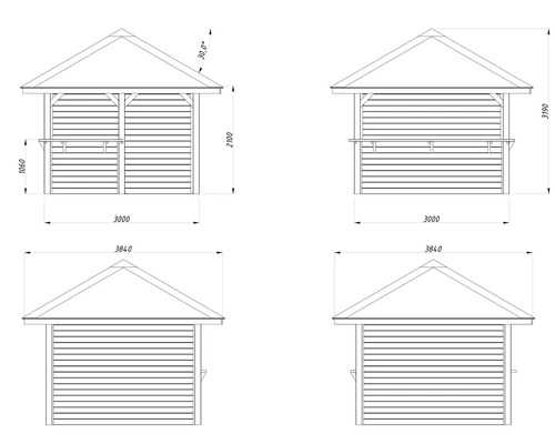 Teknisk ritning av ett lusthus med mått.