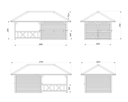 Teknisk ritning av en trädgårdspaviljong med dimensioner