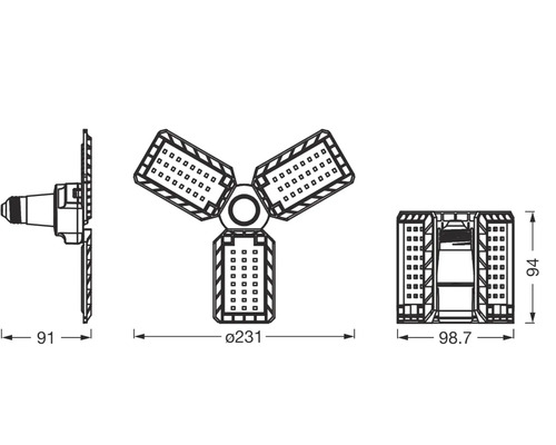 Teknisk ritning av en LED-lampa med dimensioner