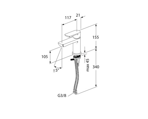 Teknisk ritning av en armatur med måttangivelser
