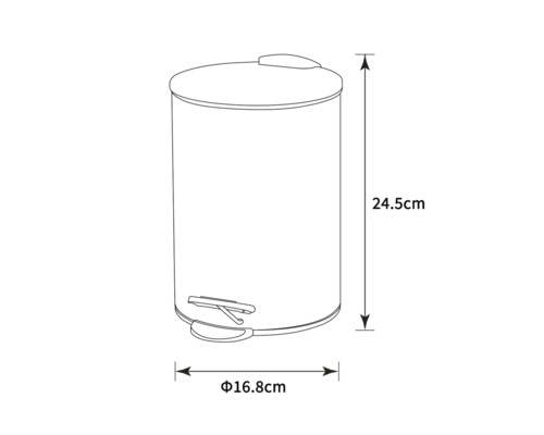 Teknisk ritning av en pedalhink med måtten 24,5 cm höjd och 16,8 cm diameter