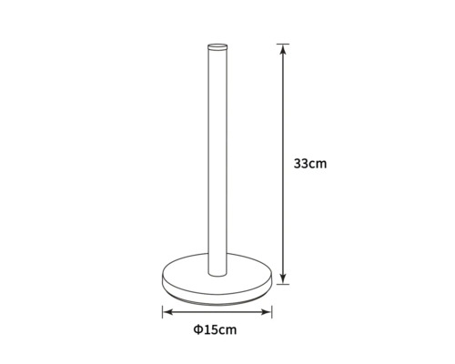 Teknisk ritning av en toalettpappershållare med måtten 33 cm hög och 15 cm i diameter