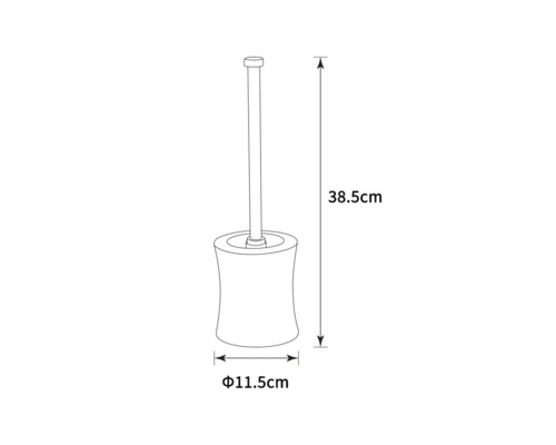 Toalettborste med hållare och mått: höjd 38,5 cm, diameter 11,5 cm.