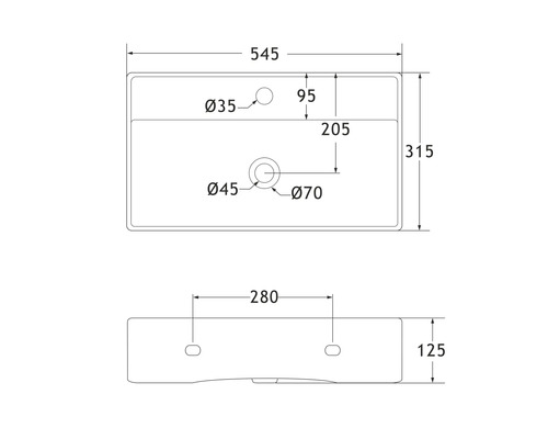 Teknisk ritning av ett tvättställ med mått