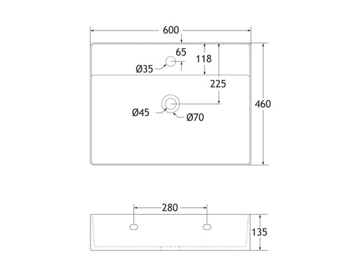 Teknisk ritning av ett tvättställ med mått