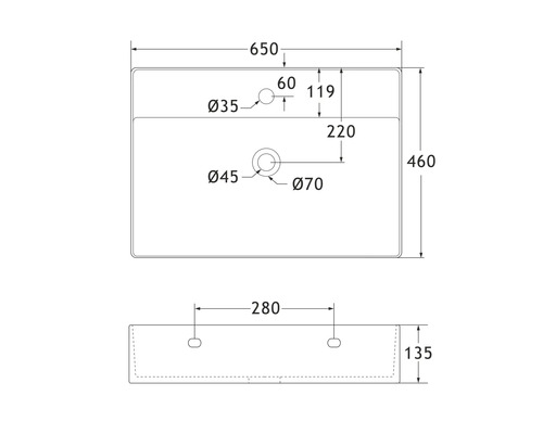 Teknisk ritning av ett tvättställ med måttangivelser