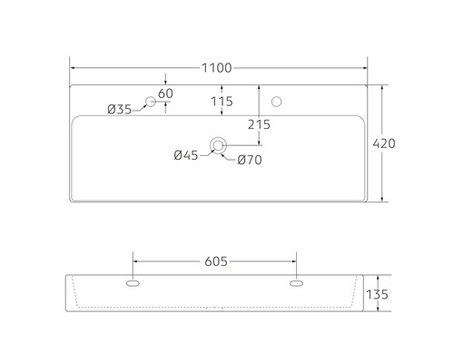 Teknisk ritning av ett tvättställ med mått