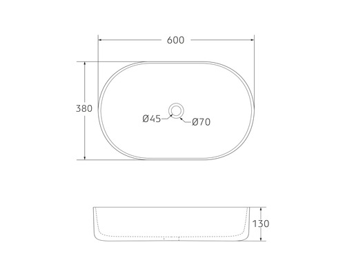 Teknisk ritning av en bänktvättställ med mått