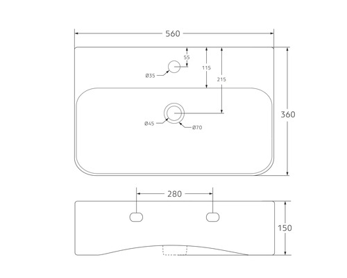 Teknisk ritning av ett tvättställ med mått