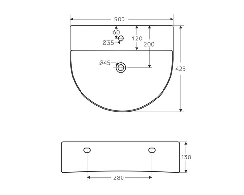 Teknisk ritning av ett handfat med mått