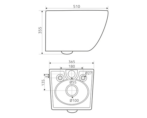 Teknisk ritning av en vägghängd toalett med måttangivelser
