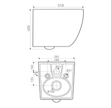 Teknisk ritning av en vägghängd toalett med dimensioner