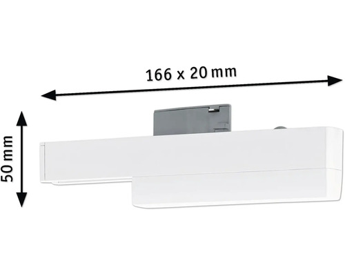 Bild av dimensionerna för en lampa: 166 x 20 millimeter bred, 50 millimeter hög