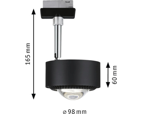 Svart takspotlight med måtten 165 mm höjd och 98 mm diameter