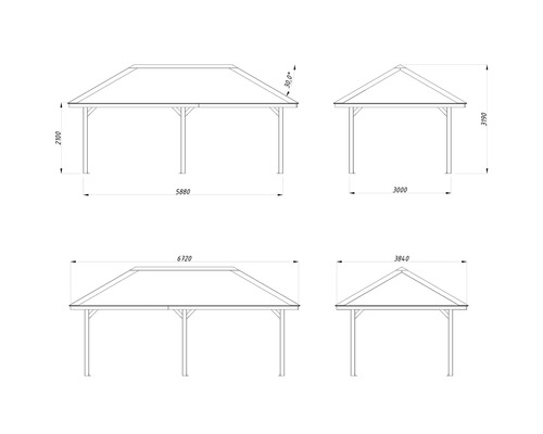 Teknisk ritning av olika paviljonger med mått