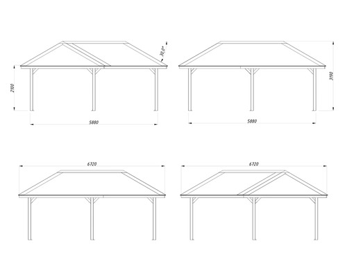 Teknisk ritning av en paviljong med mått