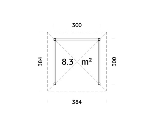 Ritning med måtten 300 gånger 300 och 384 gånger 384 centimeter, yta 8,3 kvadratmeter