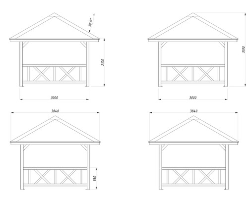 Teknisk ritning av en paviljong med måttangivelser