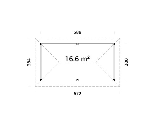 Ritningsvy med måtten 672 x 384 cm, yta 16.6 m²