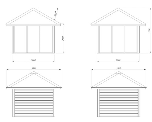 Teknisk ritning av en paviljong med dimensioner.