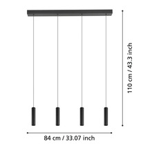 Svart hänglampa med fyra lampor och måttangivelser