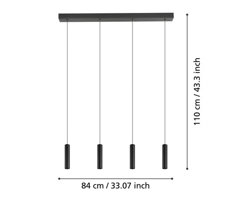 Svart hänglampa med fyra lampor och måttangivelser