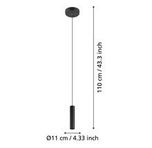 Bild av en pendellampa med måttangivelser: 110 cm längd, 11 cm diameter