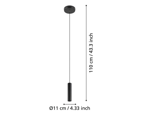 Bild av en pendellampa med måttangivelser: 110 cm längd, 11 cm diameter
