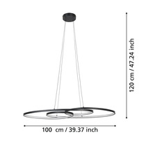 Pendellampa med tre ringar och måtten 100 centimeter gånger 120 centimeter