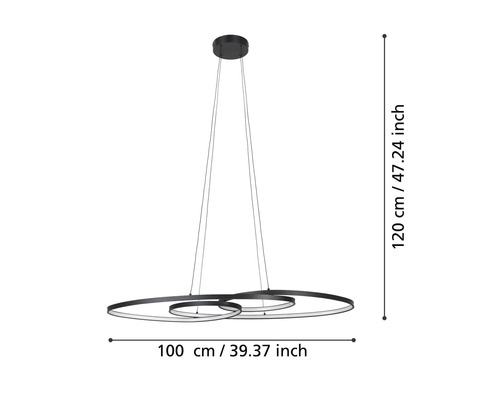 Pendellampa med tre ringar och måtten 100 centimeter gånger 120 centimeter