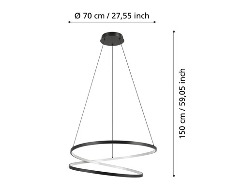 Dekorativ hänglampa med måtten 70 cm i diameter och 150 cm i höjd.