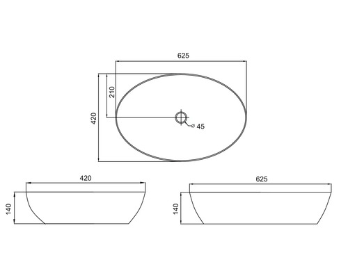 Teknisk ritning av en tvättställsskål med mått.