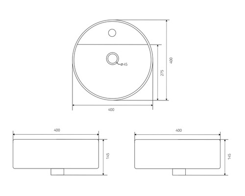 Teknisk ritning av en tvättställsskål med mått